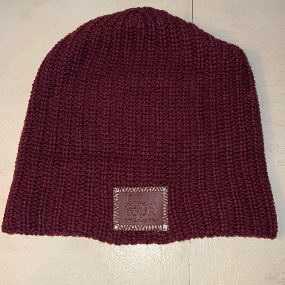 Love your melon Beanie with brown leather patch Maroon OS